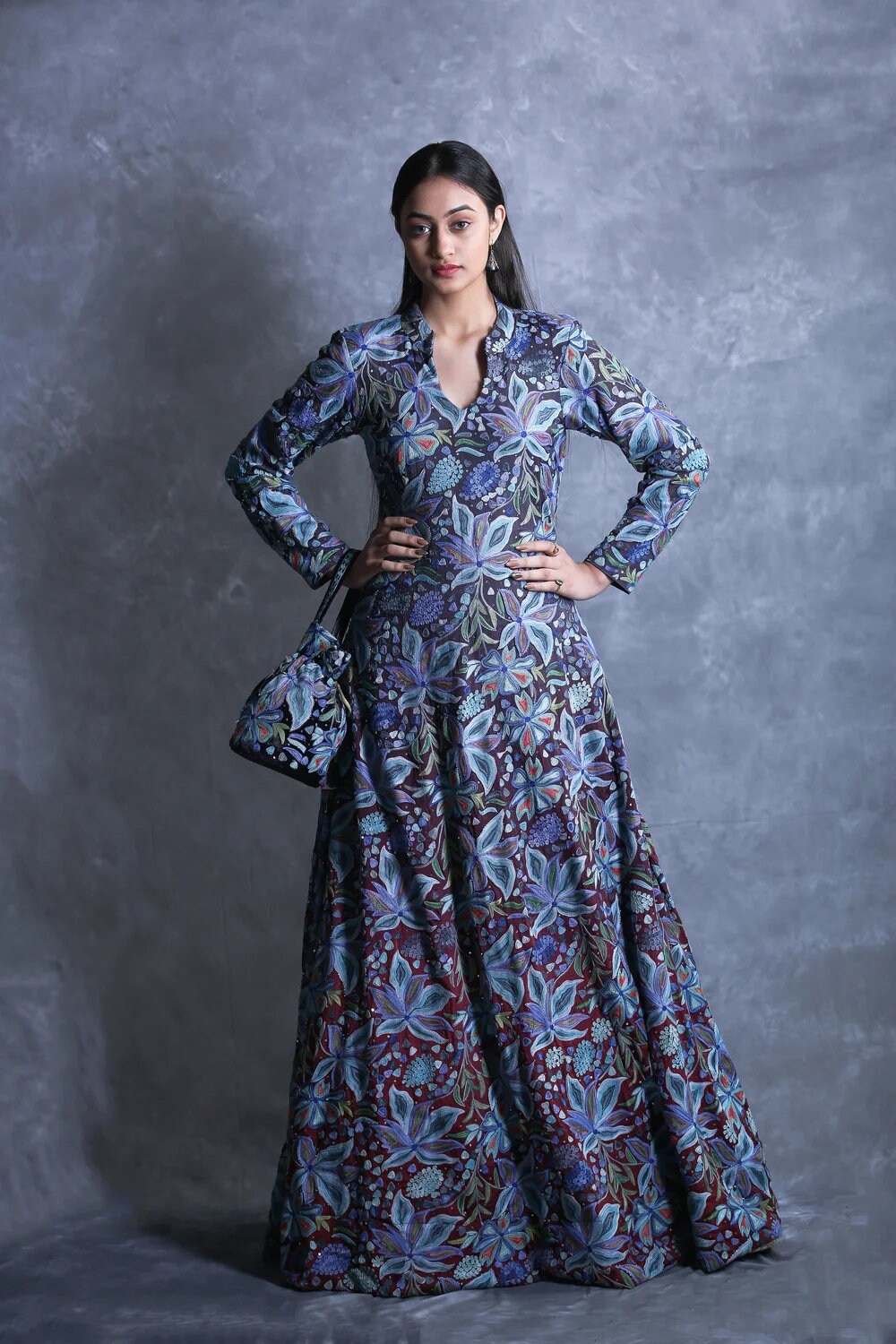 grey indo western dress & Maroon Ombre Flared With Fusion Embroidery, Women Ethnic Clothing, Indian Dress, Dress, Evening Dress, Plus Size flapper fashion