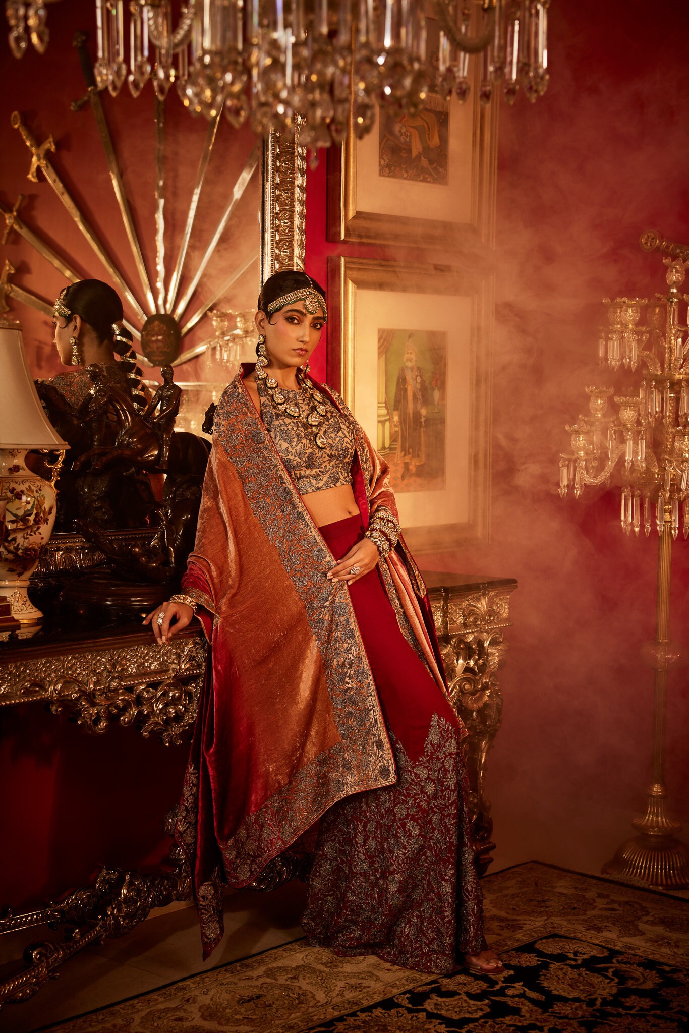 Waer-E-Noor - Zari Thread Work Sharara Set With Cape Designer Kashmiri Dress