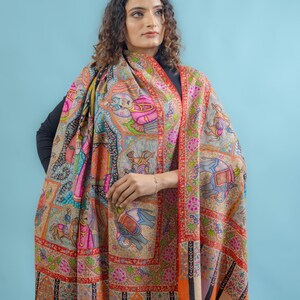 Pure Pashmina Multi-Colour Darbar Shawl With Kalamkari Hand Embroidery, Paisley Shawl, Kalamkari Shawl, Ethnic Scarf India, Wedding Wrap image 4