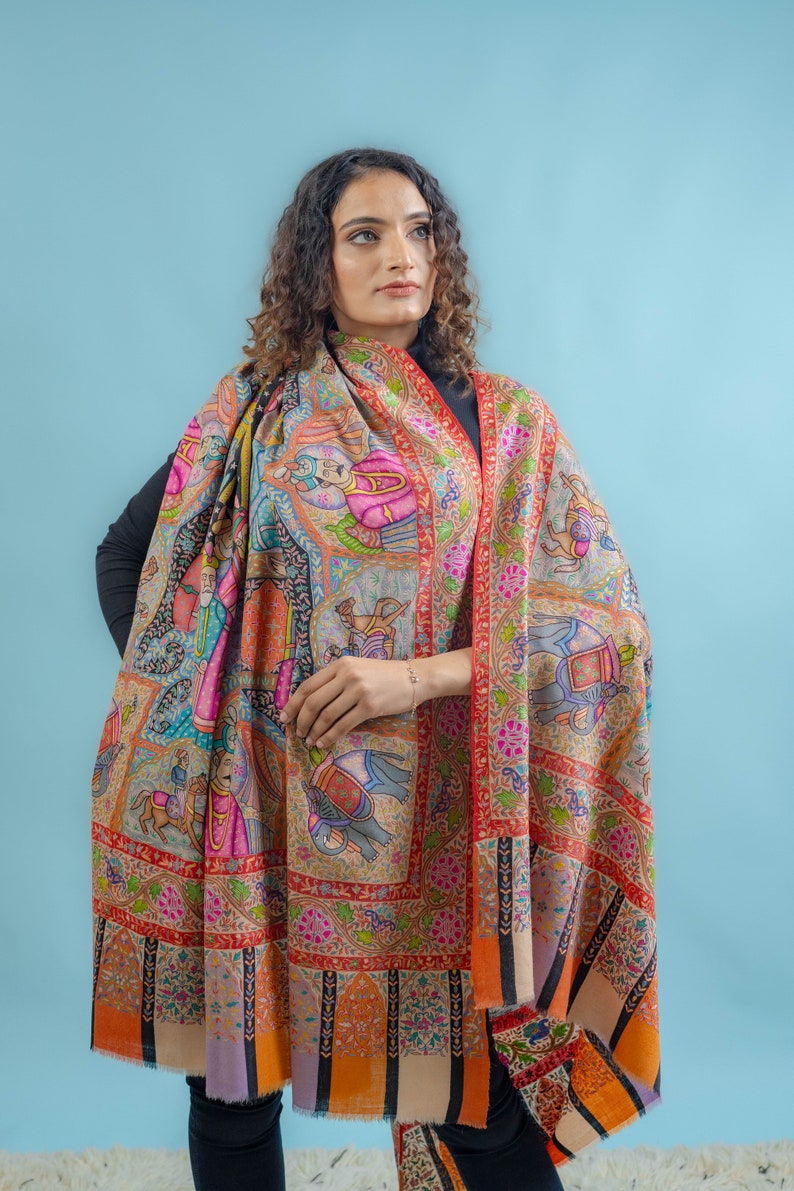 Pure Pashmina Multi-Colour Darbar Shawl With Kalamkari Hand Embroidery, Paisley Shawl, Kalamkari Shawl, Ethnic Scarf India, Wedding Wrap image 4