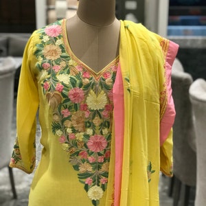 Geel Georgette Salwar-pak met pastelborduursel, feestkleding designerpakken, Kasjmir-pakken, Indiase bruiloft Salwar Kameez