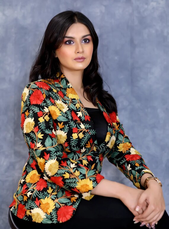 Black Blazer With Aari Jaal Floral Kashmiri Embroidery Jacket for