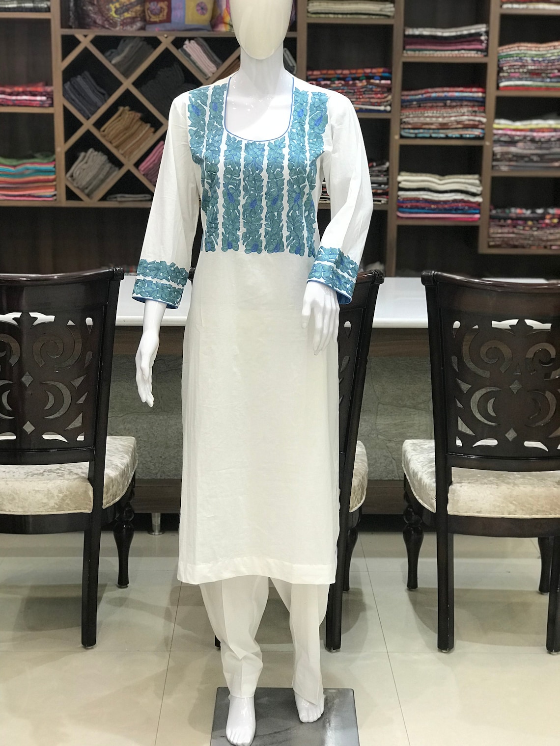 Women Cotton Suits with Kashmiri Embroidery Three Piece Suit  (Light Orange)