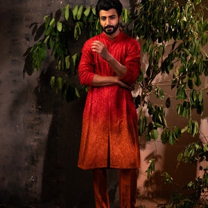 Men'S Coral Red Ombre Printed Kurta Pyjama Set