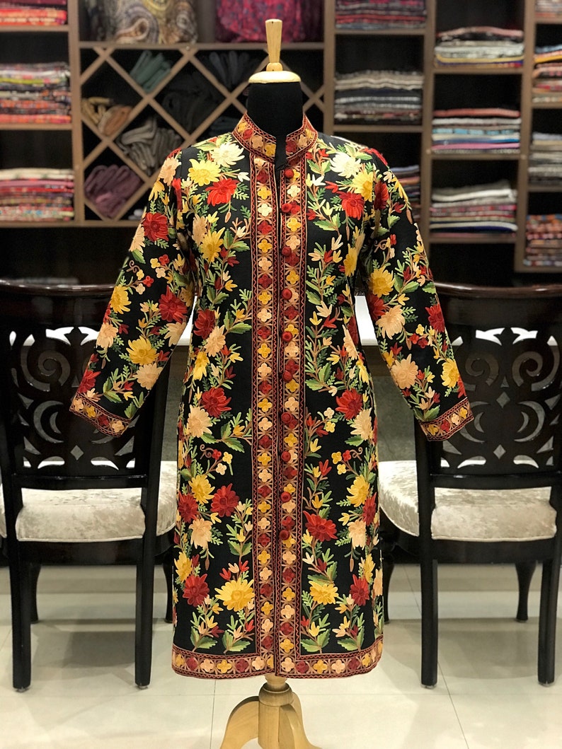 Black Embroidered Coat Kashmiri Coat Multicolor Aari Etsy