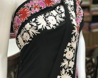 Saree Cachemire brodé Aari noir, Robe ethnique indienne, Tenue traditionnelle, Broderie Cachemire, Sari Cachemire, Saris femme