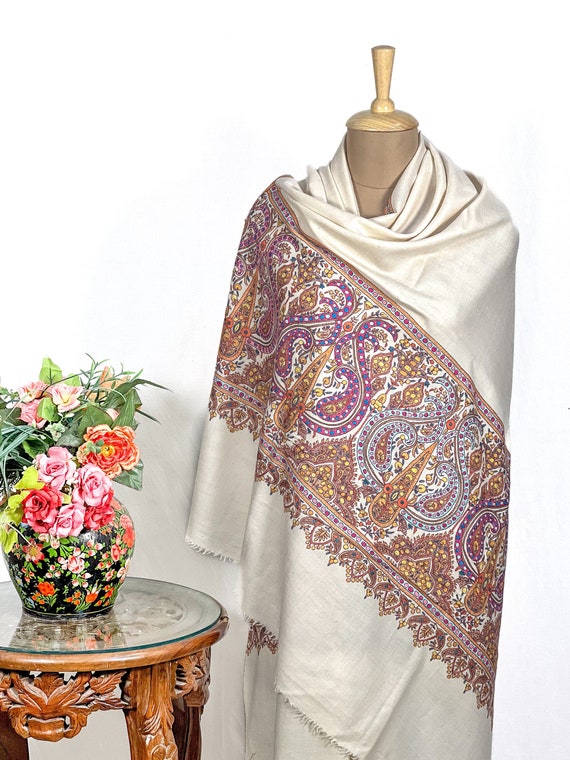 Pure Pashmina Off-white Shawl With Papier Mache Hand Embroidery, Wedding Pashmina  Shawl, Pure Kashmiri Shawls 