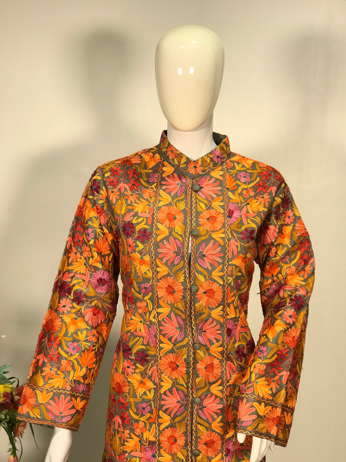 Grey Raw Silk Kashmiri Jamawar Embroidered Coat Long Coat Etsy