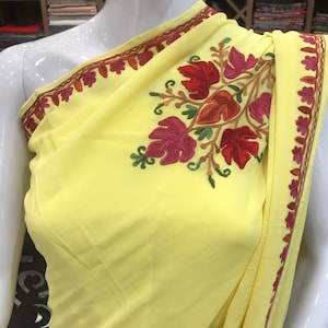 Yellow Aari Embroidered Kashmiri Saree, Women Indian Ethnic, Traditional Outfit, Kashmiri Embroidery Dress, Graduation Outfit, Prom Dress