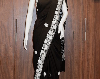 Chinar Jaal Aari Embroidered Kashmiri Saree, Women Indian Ethnic, Traditional Outfit, Kashmir embroidery, Kashmiri Sari, Women Dresses