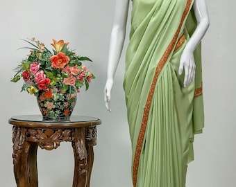 Sozni Hand Embroidered Olive Green Kashmiri Saree, Indian Ethnic Saree, Timeless Sari, Mother Of The Bride Saree, Prom Outfit, Party
