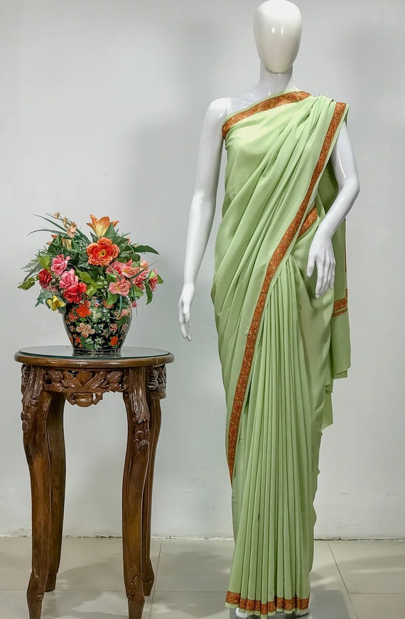 Sozni Hand Embroidered Olive Green Kashmiri Saree, Indian Ethnic