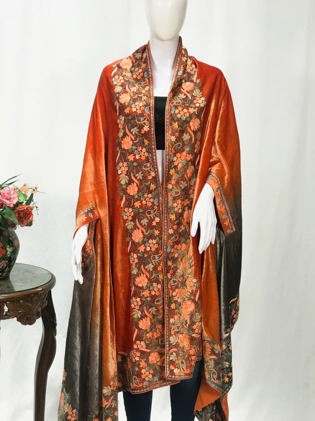 Buy Gloss Velvet Ombre Cape With Aari Work: Dark Orange and Grey, Women  Shawls, Kashmiri Shawls, Aari Embroidered Ponchos Online in India