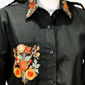 Black Cotton Shirt with Aari Embroidered Pocket, Collar and Shoulder Straps, Kashmiri Embroidered Shirts, Rich Top, Bohemian Women Tops