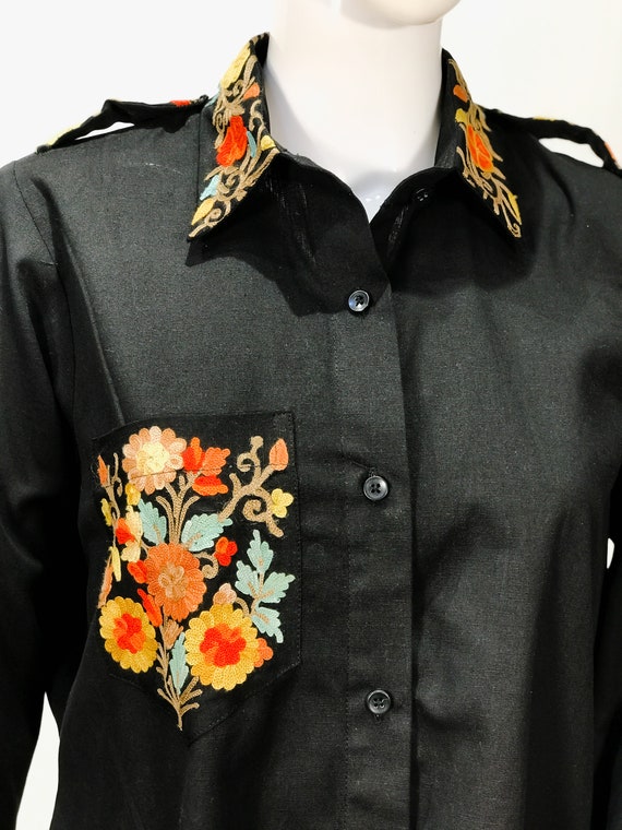 Black Cotton Shirt With Aari Embroidered Pocket, Collar and Shoulder  Straps, Kashmiri Embroidered Shirts, Rich Top, Bohemian Women Tops -   Canada