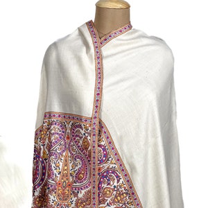 Pure Pashmina Off-White Shawl With Papier Mache Hand Embroidery, Wedding Pashmina Shawl, Pure Kashmiri Shawls image 3