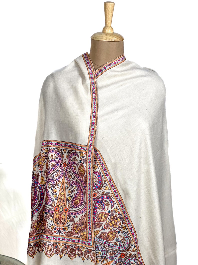 Pure Pashmina Off-White Shawl With Papier Mache Hand Embroidery, Wedding Pashmina Shawl, Pure Kashmiri Shawls image 3