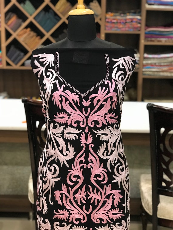 Kashmiri Embroidered Suit with Pink Vine Embroidery, Designer Kashmir Salwar Kameez, Traditional Suit for Women, Oriental Clothing, Indian