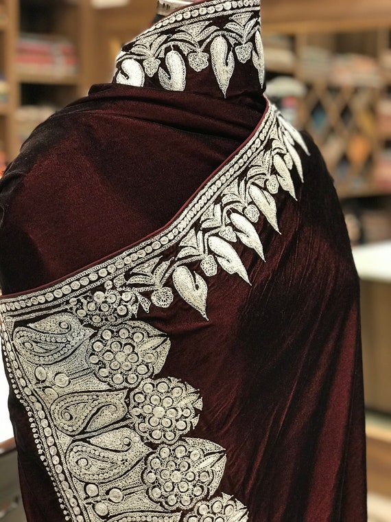 Royal Wine Velvet Men Shawl With Antique Tilla Work, Men Shawls