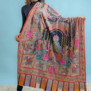 Pure Pashmina Multi-Colour Darbar Shawl With Kalamkari Hand Embroidery, Paisley Shawl, Kalamkari Shawl, Ethnic Scarf India, Wedding Wrap image 5