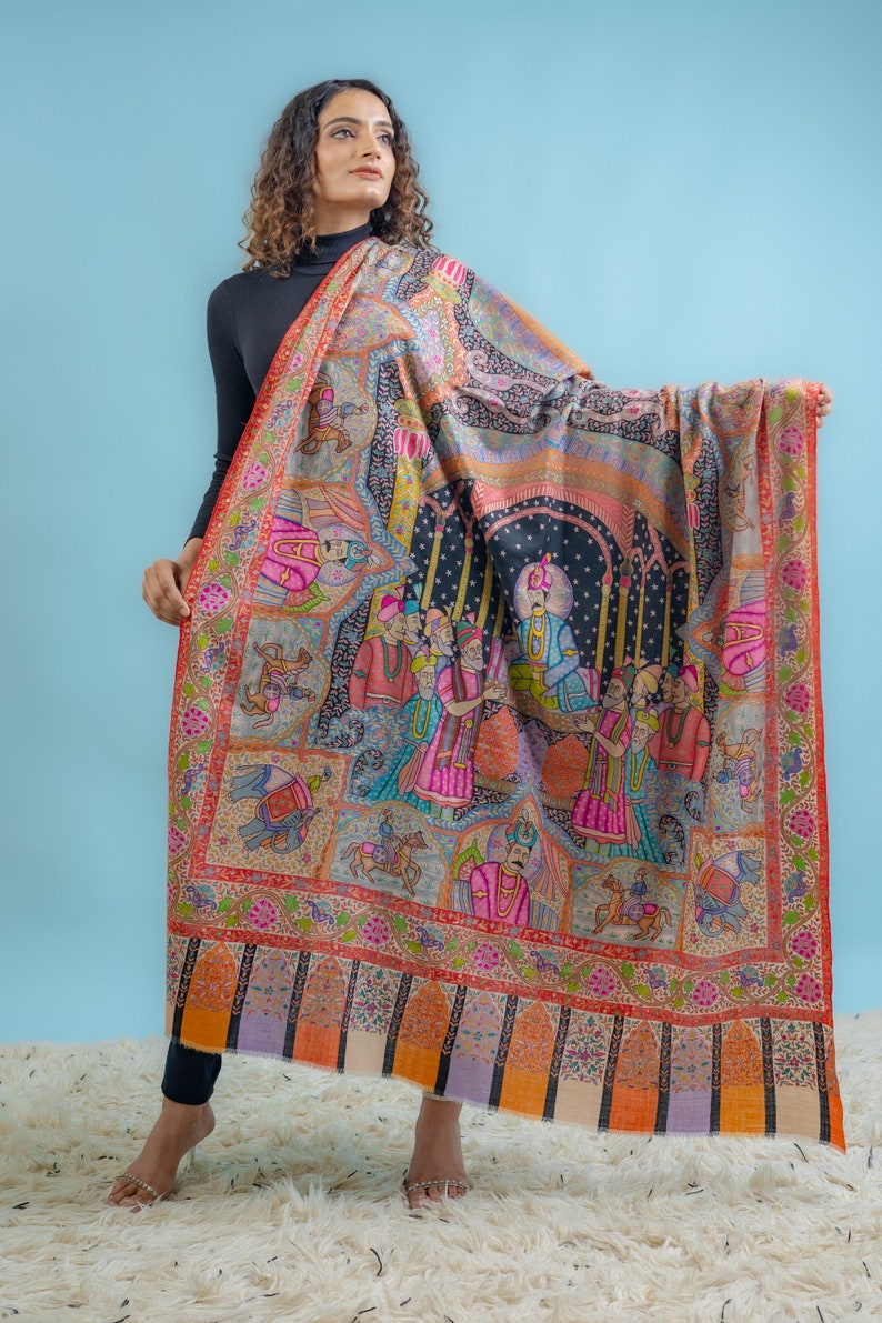 Pure Pashmina Multi-Colour Darbar Shawl With Kalamkari Hand Embroidery, Paisley Shawl, Kalamkari Shawl, Ethnic Scarf India, Wedding Wrap image 5