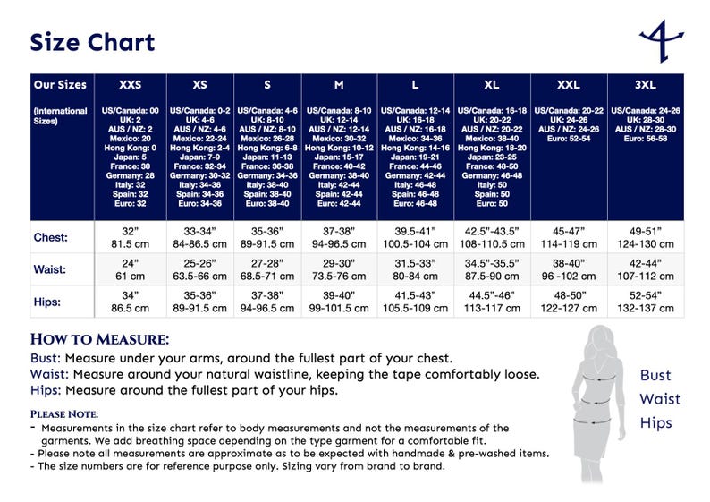 May include: A size chart table with dark blue headers and white text, displaying international sizing conversions for XXS to 3XL. It includes rows for chest, waist, and hip measurements in inches and centimeters, plus instructions on how to measure the body.