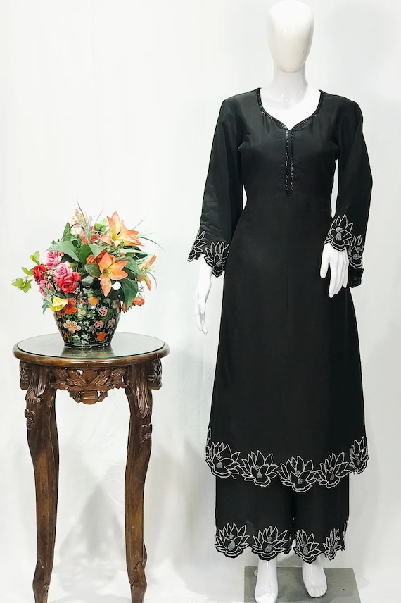Black Hand Kardana Fused with Zardosi Thread Work Crepe Silk Kashmiri Suit, Designer Indian Ethnic Wear, Woman Salwar Suit