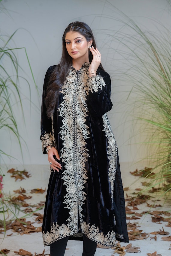 Black Silk Velvet Jacket With Tilla Embroidery, Floral Coat, Aari