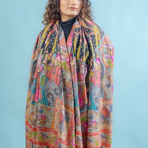 Pure Pashmina Multi-Colour Darbar Shawl With Kalamkari Hand Embroidery, Paisley Shawl, Kalamkari Shawl, Ethnic Scarf India, Wedding Wrap image 2