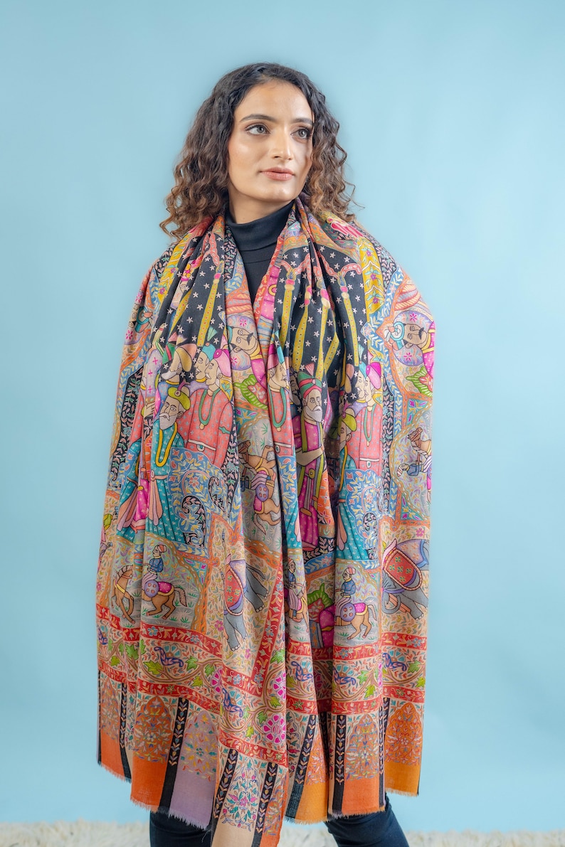 Pure Pashmina Multi-Colour Darbar Shawl With Kalamkari Hand Embroidery, Paisley Shawl, Kalamkari Shawl, Ethnic Scarf India, Wedding Wrap image 2