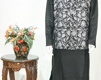 Pure Raw Silk Nehru Jacket & Kurta Pyjama Set with Kashmiri Aari Embroidery, Men Modi Jackets, Jawahar Jackets, Festive Kurta Pyjamas