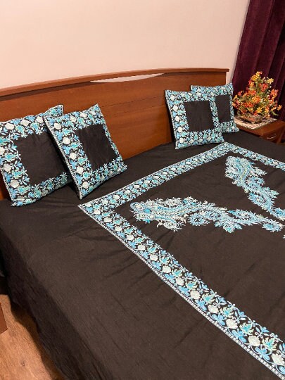 黒の生シルク製ベッドカバーセット、カシミール刺繍、ペイズリー柄 
