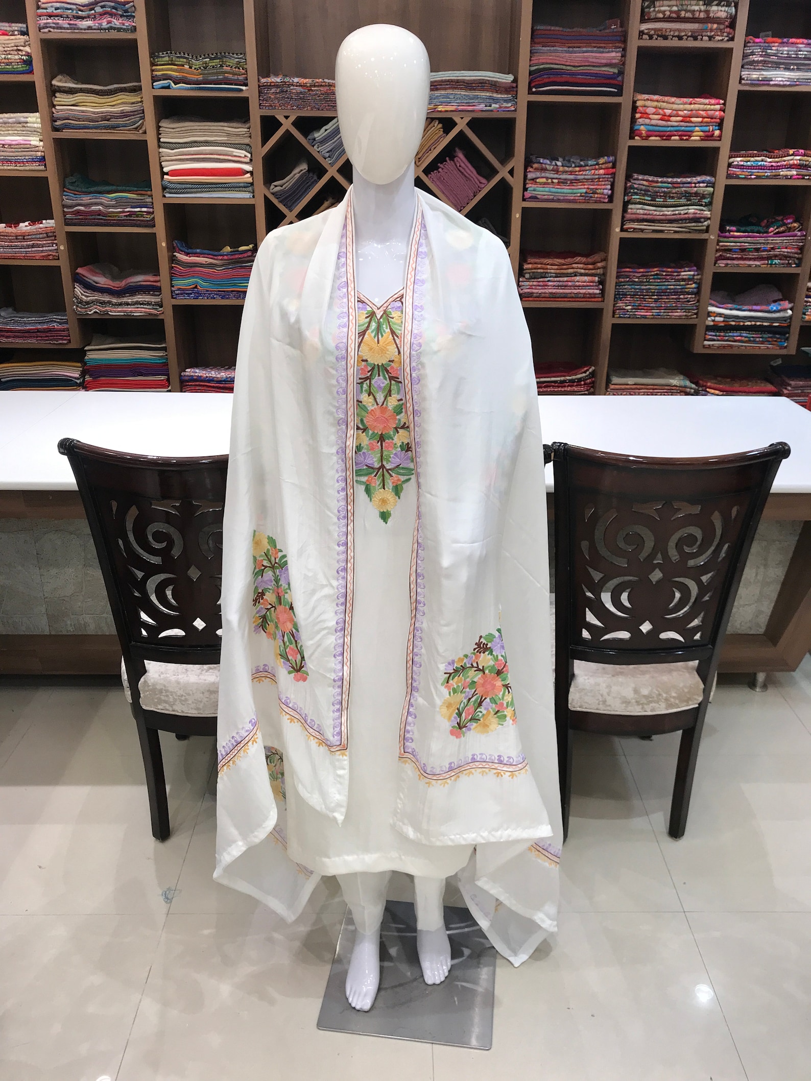 Nude Colour Soft Organza Heavy Embroidered & Cut Work Long Length party Wear Kashmiri Suit