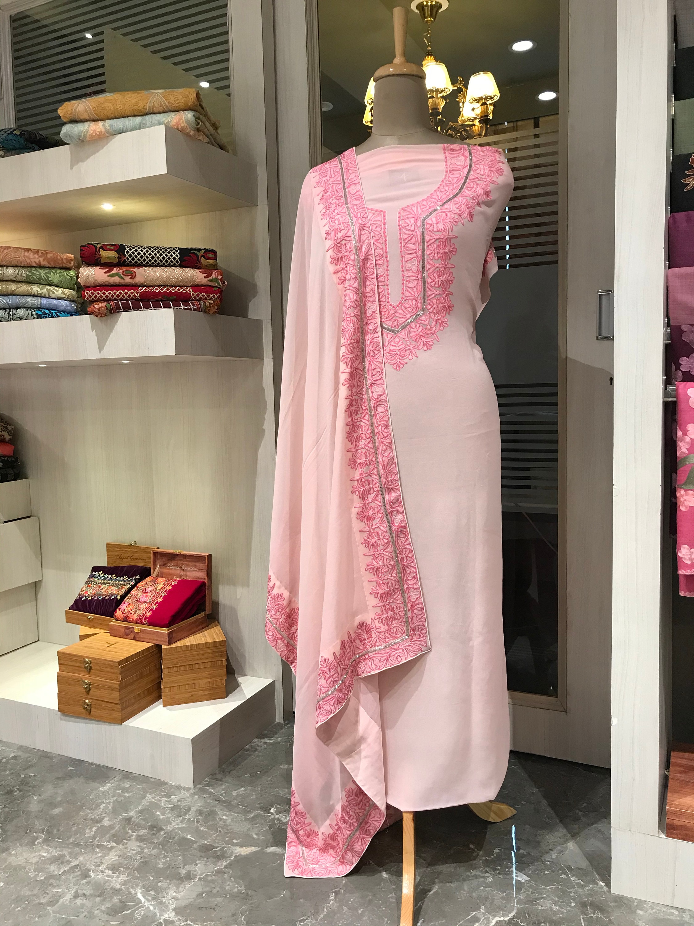 Aari Embroidery Fused With Hand Cut Daana Work Kashmiri Suit