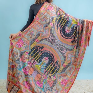 Pure Pashmina Multi-Colour Darbar Shawl With Kalamkari Hand Embroidery, Paisley Shawl, Kalamkari Shawl, Ethnic Scarf India, Wedding Wrap image 3