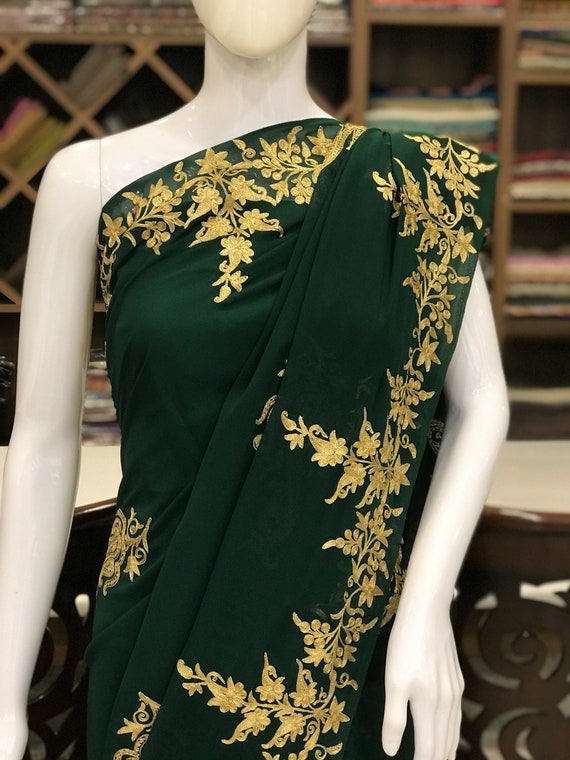 Bottle Green Tilla Embroidered Kashmiri Saree, Women Indian Ethnic, Traditional Outfit, Graduation Dress, Indian Prom Outfit, Kashmiri Wear