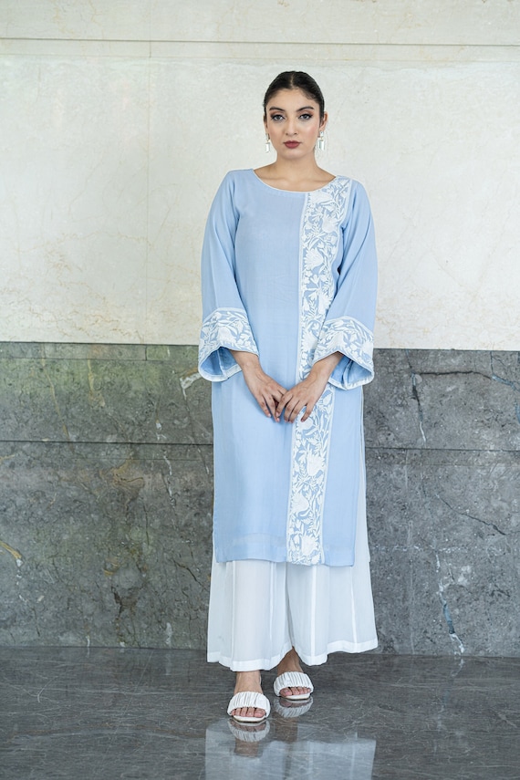 Sky Blue Georgette Women Kurta with White Embroidery, Indian Dress, Salwar Kameez, Indian Kurta, Ethnic Clothing, Party Wear Dress, Angad Sky Blue Georgette Women Kurta with White Embroidery, Indian Dress, Salwar Kameez, Indian Kurta, Ethnic Clothing, Party Wear Dress, Angad