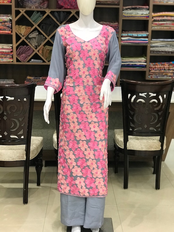 Aari Work Fused with Hand Pearl Work Kashmiri Suit, Women Outfit, Indian Ethnic Wear, Georgette Salwar Suit, Designer Suit, Party Wear
