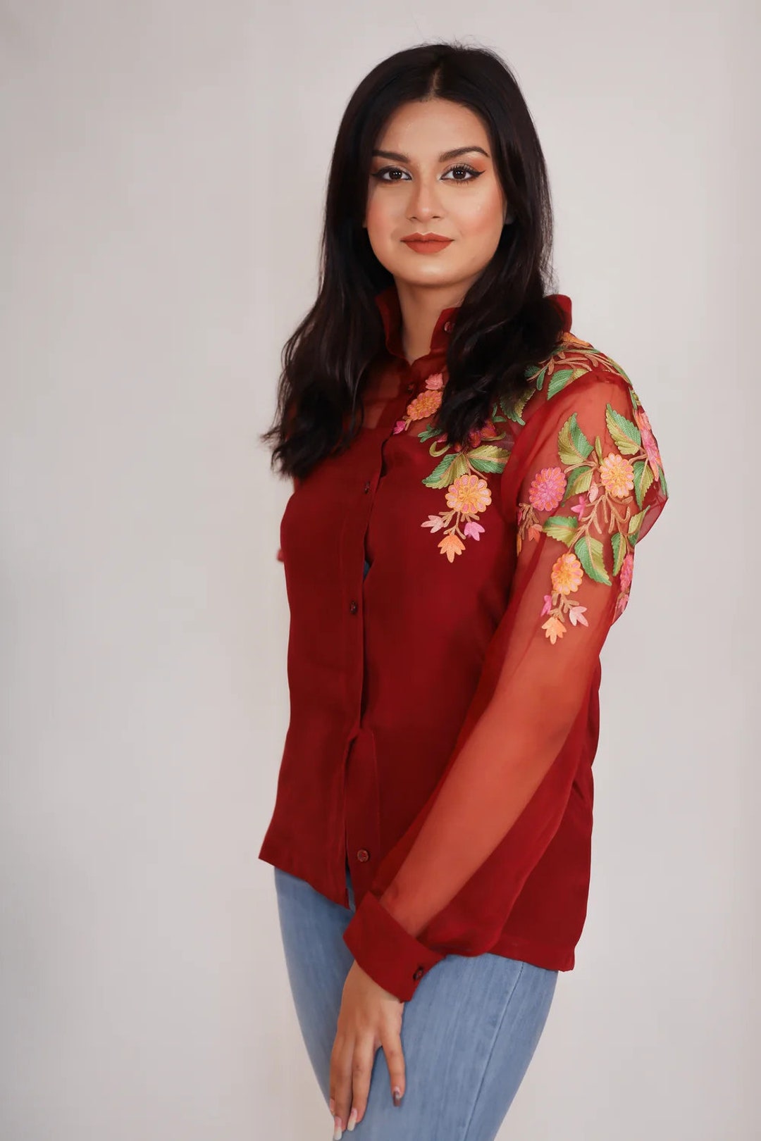 Maroon Shirt With Aari Embroidered Sleeves, Kashmiri Embroidered Shirts, Women  Shirts, Rich Hippie Top, Bohemian Women Tops -  Canada