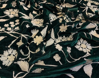 Green Velvet Running Fabric with Floral Pattern Zari Embroidery, Embroidered Velvet, Running Length, Fabrics for Dresses, Couture Fabrics