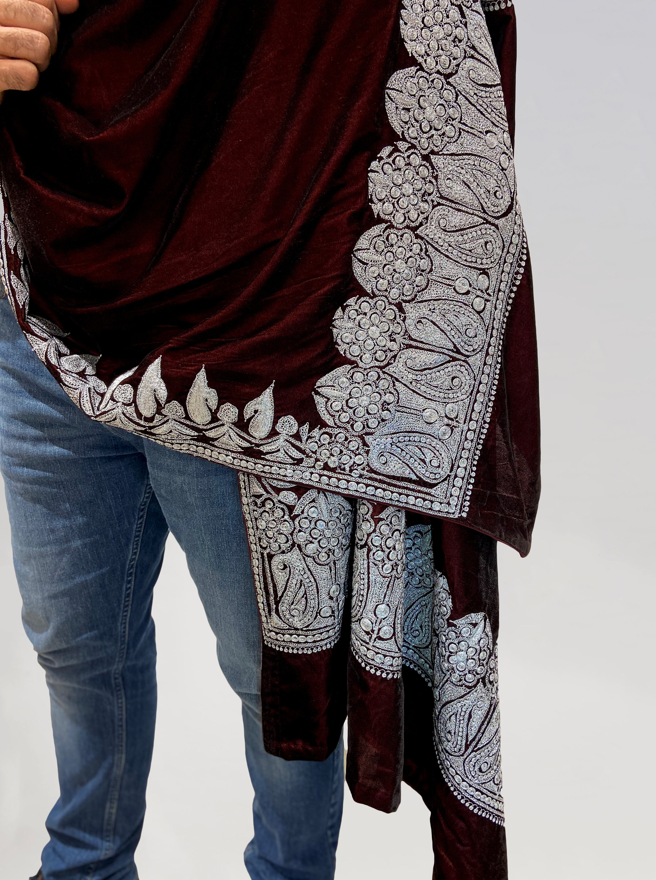 Royal Wine Velvet Men Shawl With Antique Tilla Work, Men Shawls