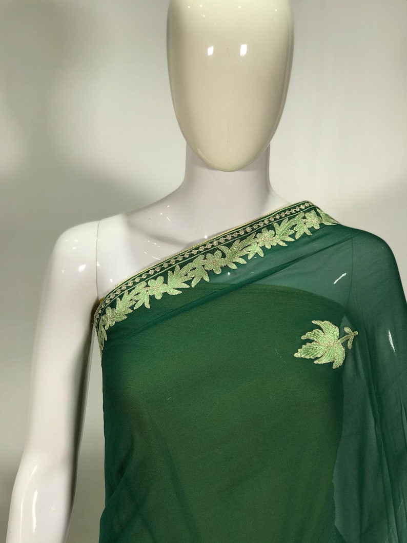 Aari /& Tilla Embroidered Kashmiri Saree Indian Ethnic Dress Green Women Saris Wedding Sarees Georgette Kashmiri Sari Traditional Outfit