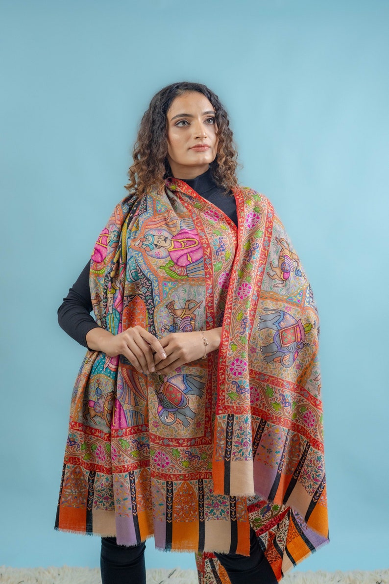 Pure Pashmina Multi-Colour Darbar Shawl With Kalamkari Hand Embroidery, Paisley Shawl, Kalamkari Shawl, Ethnic Scarf India, Wedding Wrap image 1