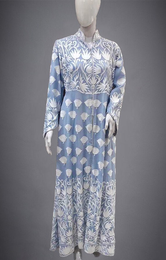 Blue Flared Dress with Tulip Pattern Embroidery, Girls Dress, Women Dress, Party Wear Dress, Evening Dresses, Bohemian Dresses, Dinner Dress