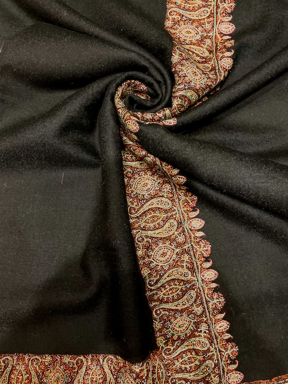 Deep Black Pure Pashmina Shawl With Sozni Hand Embroidery Needle