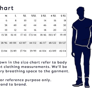 Pu&ograve; includere: Una tabella di taglie per abbigliamento maschile con misure in pollici e centimetri. La tabella include le misure di colletto, petto e vita per le taglie XS a 5XL.