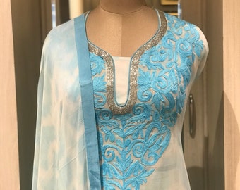 Aari Work Fused with Hand Cut Daana Work Kashmiri Suit, Women Dress, Indian Ethnic Wear, Georgette Salwar Suit, Designer Suit, Salwar Kameez