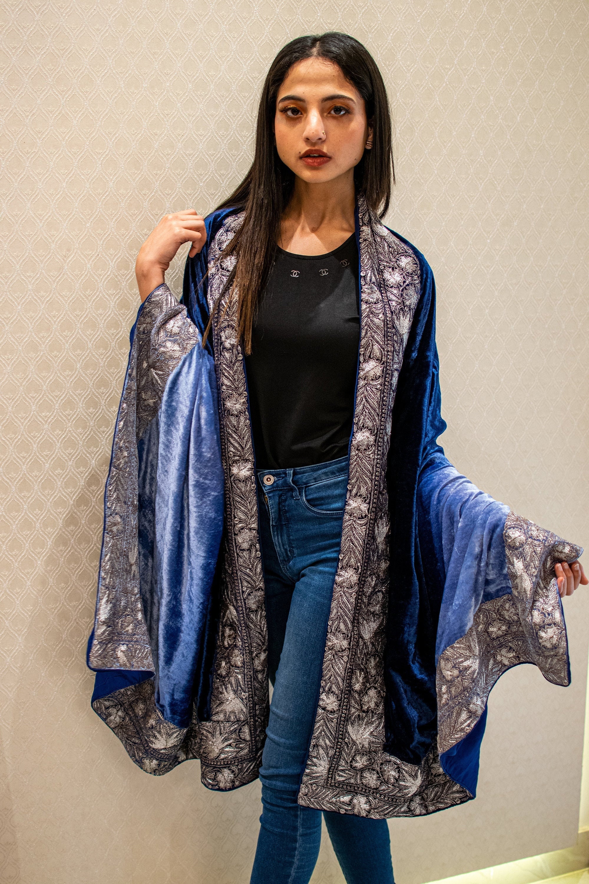 Ombre Blue Silk Velvet Shawl, Kashmiri Embroidery Boho Wrap - Etsy