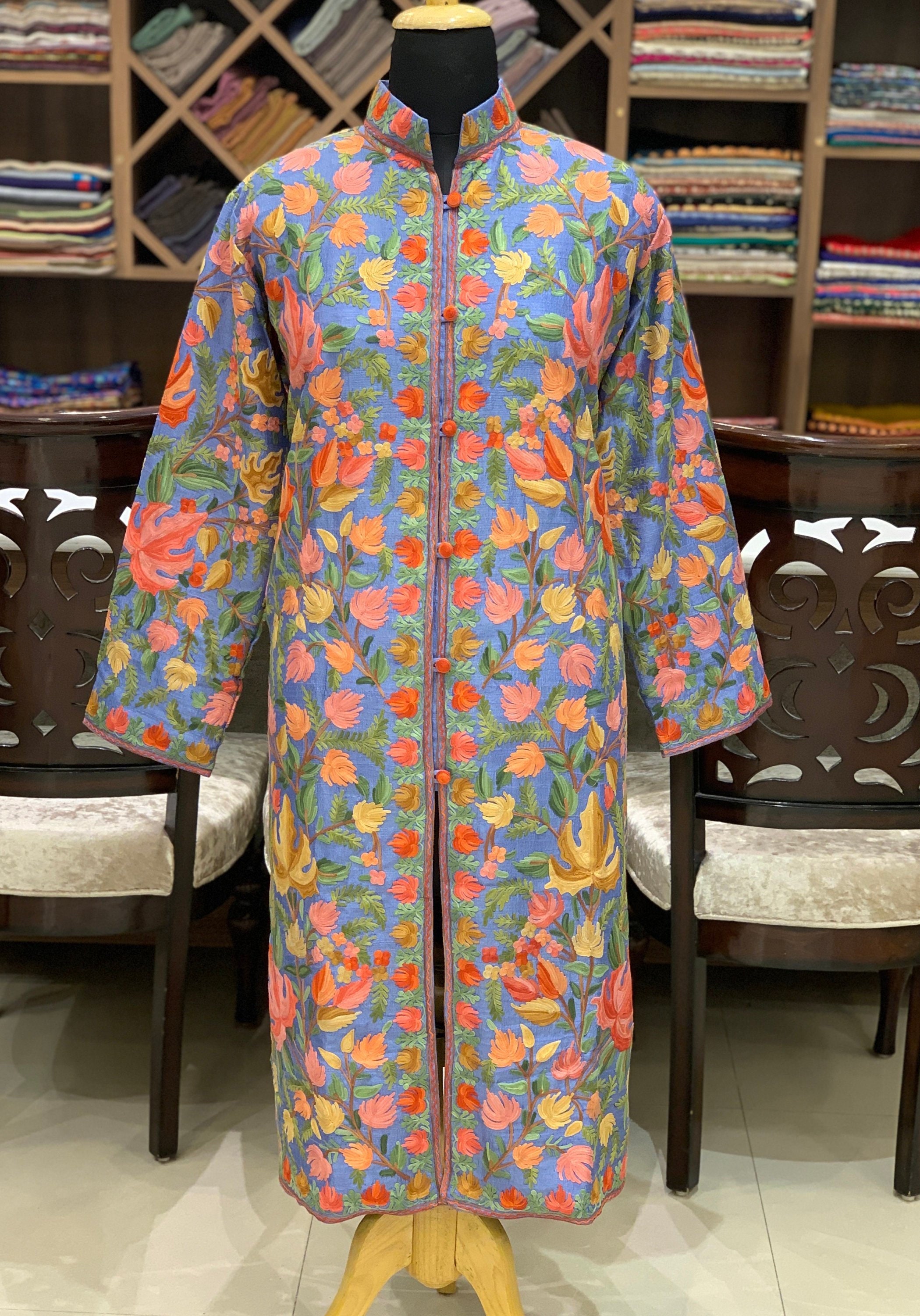 Coat Long Coat Embroidered Coat Kashmir Coats Blue Women Etsy