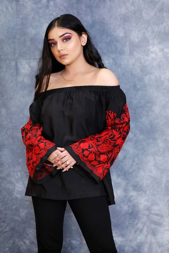 Buy Off Shoulder Top With Embroidered Sleeves, Kashmiri Tops